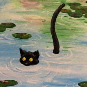 Black cat swimming among lily pads